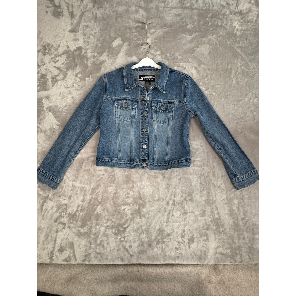 Stephen‎ Hardy Squeeze Denim Jean Jacket Blue Distressed Button Up Women's L